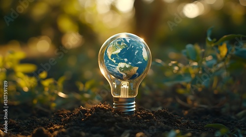 Eco-Friendly Energy Concept with Earth in Light Bulb, A light bulb with an Earth globe inside, placed on soil with green plants around
