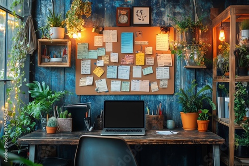 Creative Workspace With Organized Notes and Computer in a Bright Home Office ...