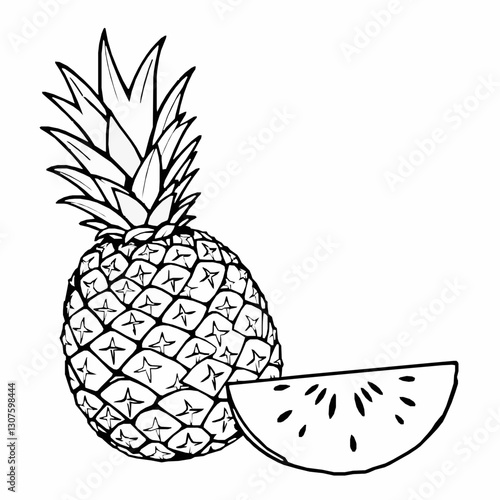  black outline vector of a whole pineapple with cross-section slice