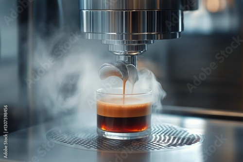 Freshly Brewed Espresso Steaming in a White Cup at a Coffee Shop in the Morni...