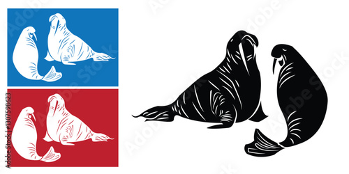 Two walruses silhouette vector isolated on white