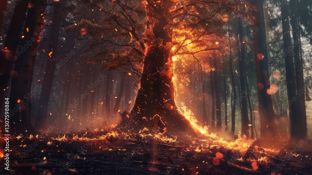 Flaming tree collapses showering embers onto the forest floor during a wildfire at dusk Flaming tree collapses showering embers onto the forest floor during a wildfire at dusk