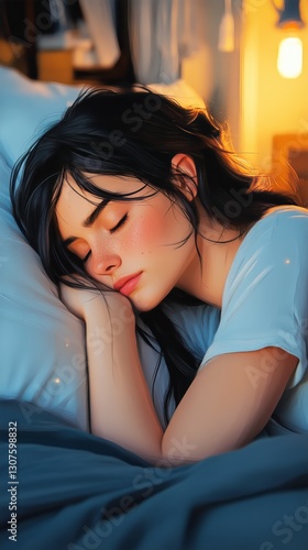 Woman Resting on a Bed With Soft Light Illuminating Her Face in a Serene Indo...
