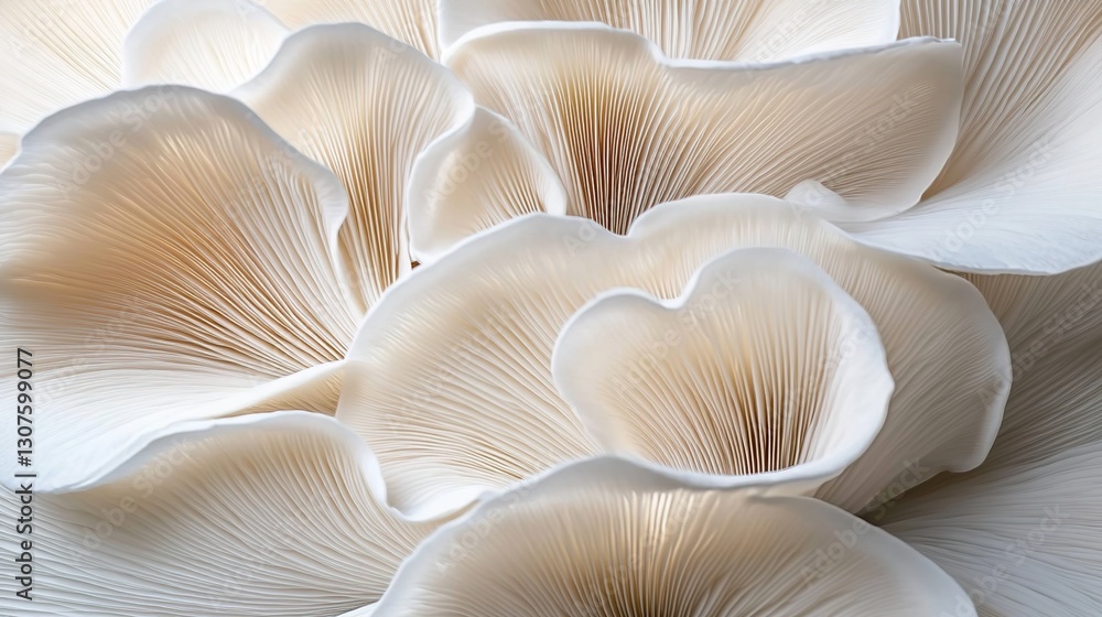 Close-up of a white oyster mushroom, with a smooth and delicate texture. The petals are shaped like large flowers, creating a surreal photographic style. Close-up of a white oyster mushroom, with a smooth and delicate texture. The petals are shaped like large flowers, creating a surreal photographic style.