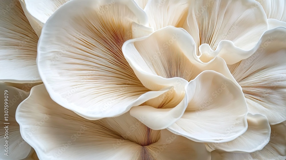 Close-up of a white oyster mushroom, with a smooth and delicate texture. The petals are shaped like large flowers, creating a surreal photographic style. Close-up of a white oyster mushroom, with a smooth and delicate texture. The petals are shaped like large flowers, creating a surreal photographic style.