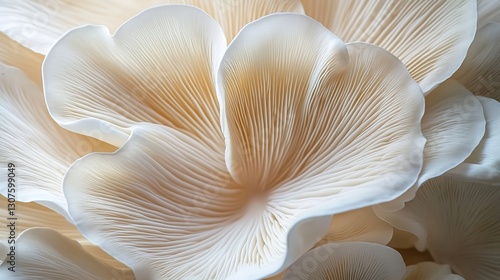 Close-up of a white oyster mushroom, with a smooth and delicate texture. The petals are shaped like large flowers, creating a surreal photographic style.
