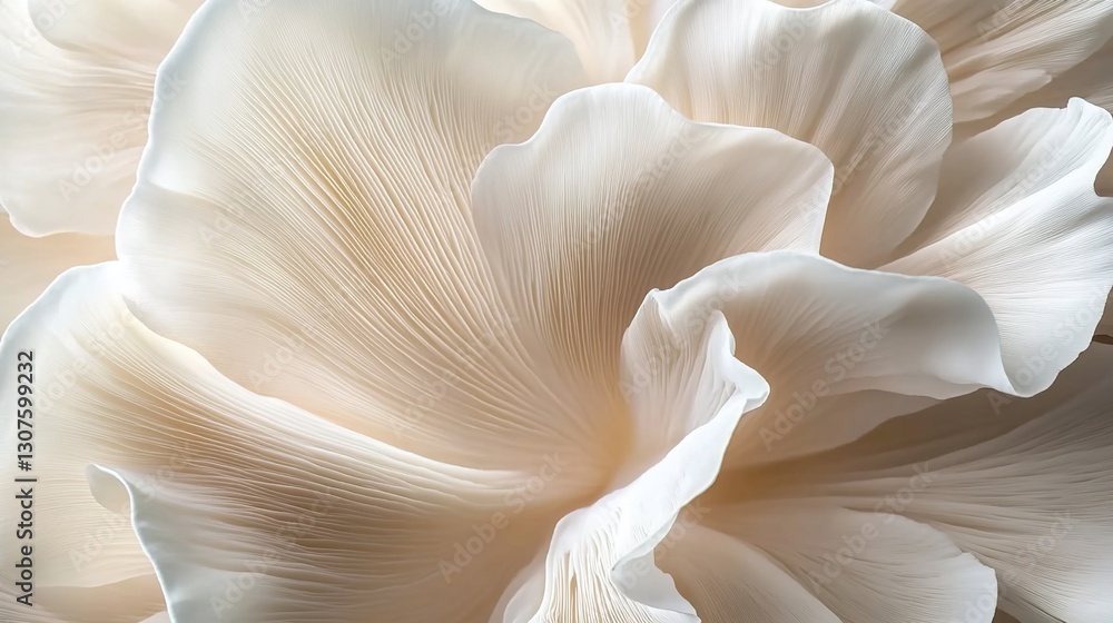 Close-up of a white oyster mushroom, with a smooth and delicate texture. The petals are shaped like large flowers, creating a surreal photographic style. Close-up of a white oyster mushroom, with a smooth and delicate texture. The petals are shaped like large flowers, creating a surreal photographic style.