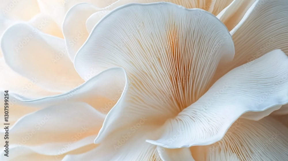 Close-up of a white oyster mushroom, with a smooth and delicate texture. The petals are shaped like large flowers, creating a surreal photographic style. Close-up of a white oyster mushroom, with a smooth and delicate texture. The petals are shaped like large flowers, creating a surreal photographic style.