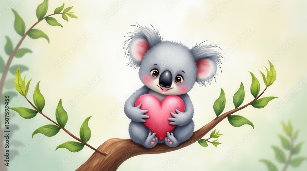 Fototapeta premium Loving Cartoon Koala Holding Heart on Tree Branch