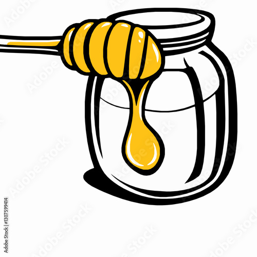 black outline vector of a honey jar with wooden dipper dripping honey