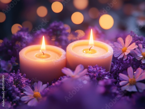 Lit candles with purple flowers