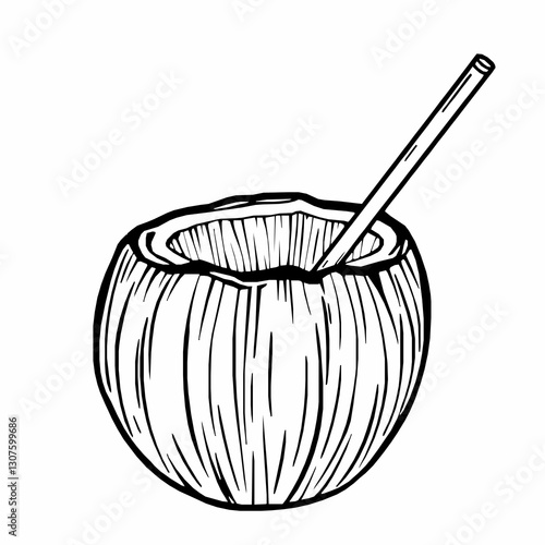  black outline vector of a coconut with straw and cracked open half