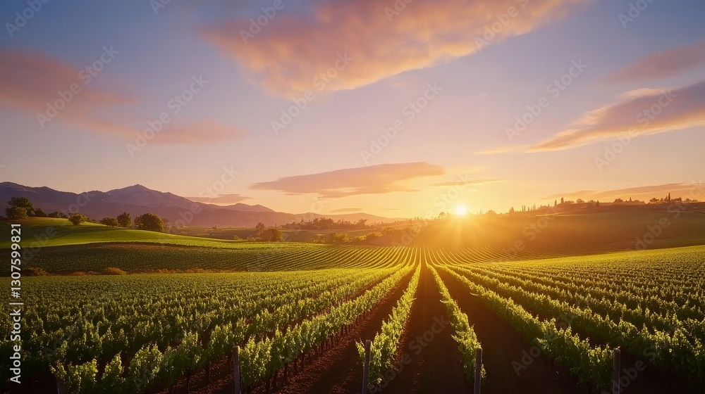 Serene sunset over lush vineyard rows with distant mountains and soft clouds in the sky Serene sunset over lush vineyard rows with distant mountains and soft clouds in the sky