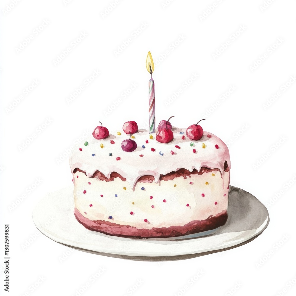 Festive birthday cake with cherry topping and candle Festive birthday cake with cherry topping and candle