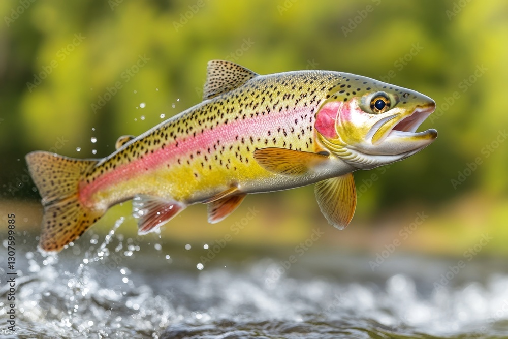 Fototapeta premium A rainbow trout leaping out of a rushing river to catch an insect in midair
