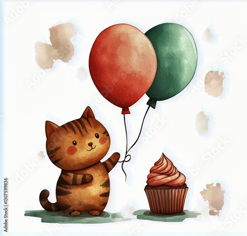 Playful Cat Celebrates With Balloons and a Cupcake in a Whimsical Setting