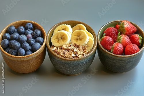 Delicious Fruit Bowls With Berries, Banana, and Granola Served in Blue Cerami...