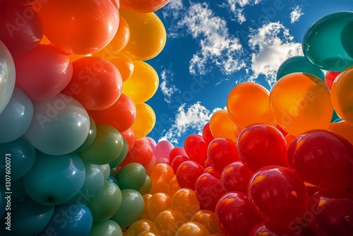 Colorful Balloons Soar in a Bright Blue Sky With Fluffy Clouds During a Festi...