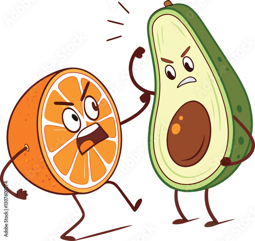 An orange and an avocado engage in a comical argument