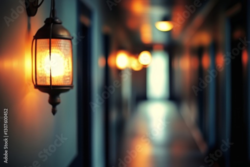 Warm Light Fixtures Illuminate an Empty Hotel Hallway During Evening Hours