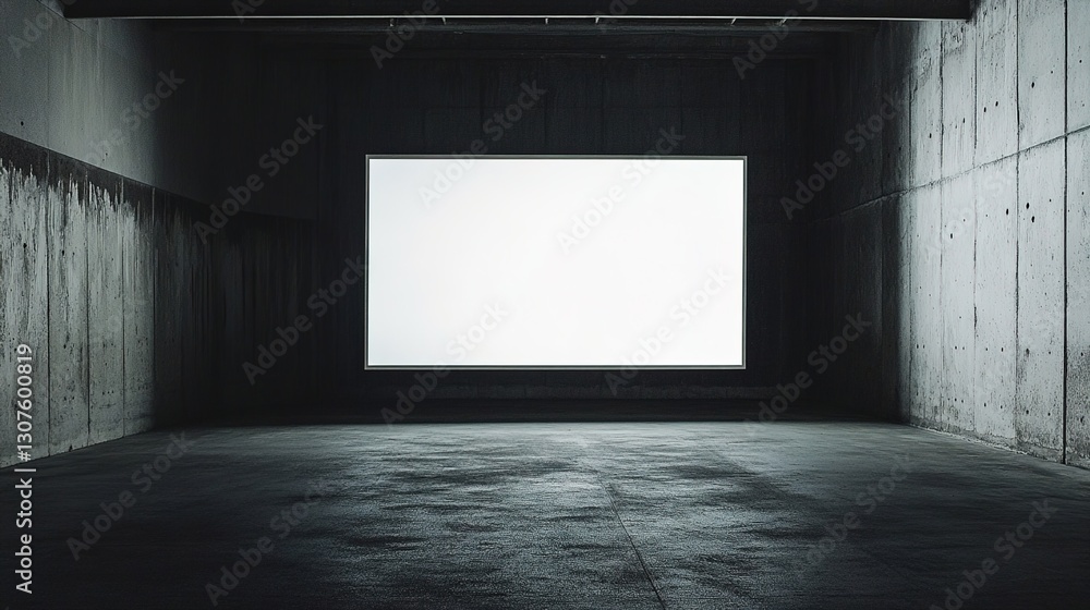 Fototapeta premium A large white screen is located in the center of an empty, dark room, surrounded by concrete walls. The camera captures a frontal view of the entire scene. 