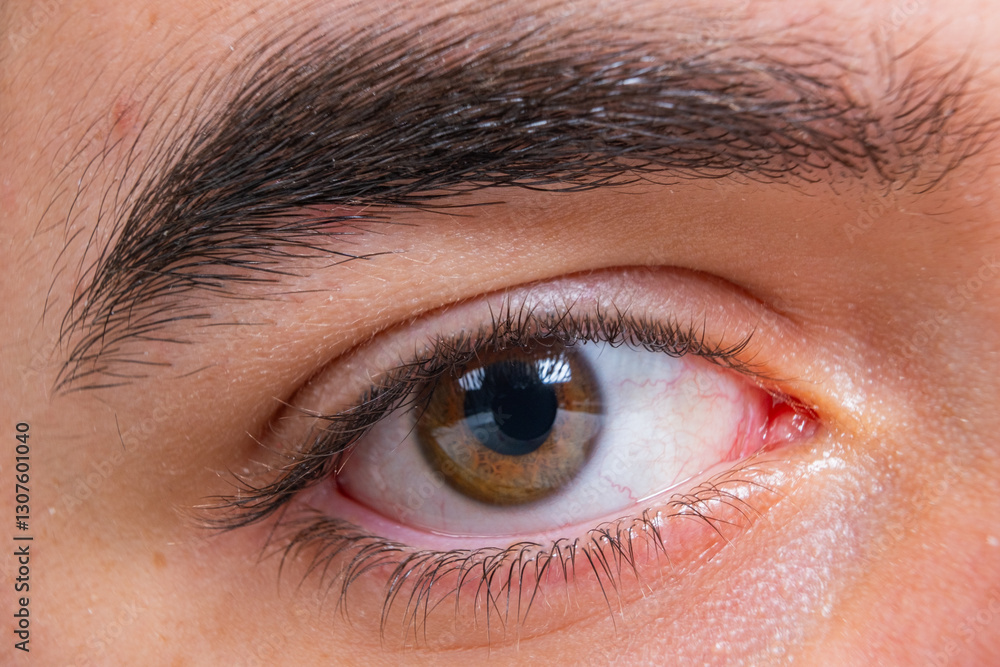 Fototapeta premium Hazel eye with black dark pupil, eyelashes. Close up, macro shot young man's eye with hazel iris. Vision, human anatomy and beauty concept