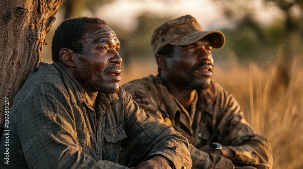 Two men, one in military attire and the other in casual wear, sit in the golden glow of the wilderness, illustrating the deep connection with nature and their shared contemplative experience. Two men, one in military attire and the other in casual wear, sit in the golden glow of the wilderness, illustrating the deep connection with nature and their shared contemplative experience.