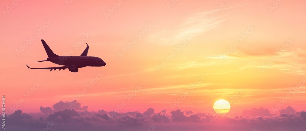 A passenger airplane flying in the sky at sunset, symbolizing travel and vacation planning for summer. A passenger airplane flying in the sky at sunset, symbolizing travel and vacation planning for summer.