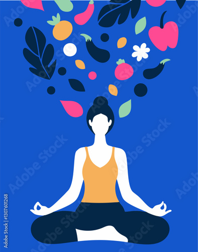 Young woman meditating in a lotus pose surrounded by leaves