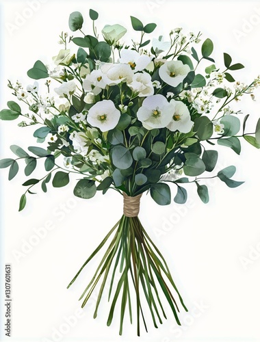Beautiful Bouquet of White Flowers and Greenery Arranged Elegantly on a Plain...