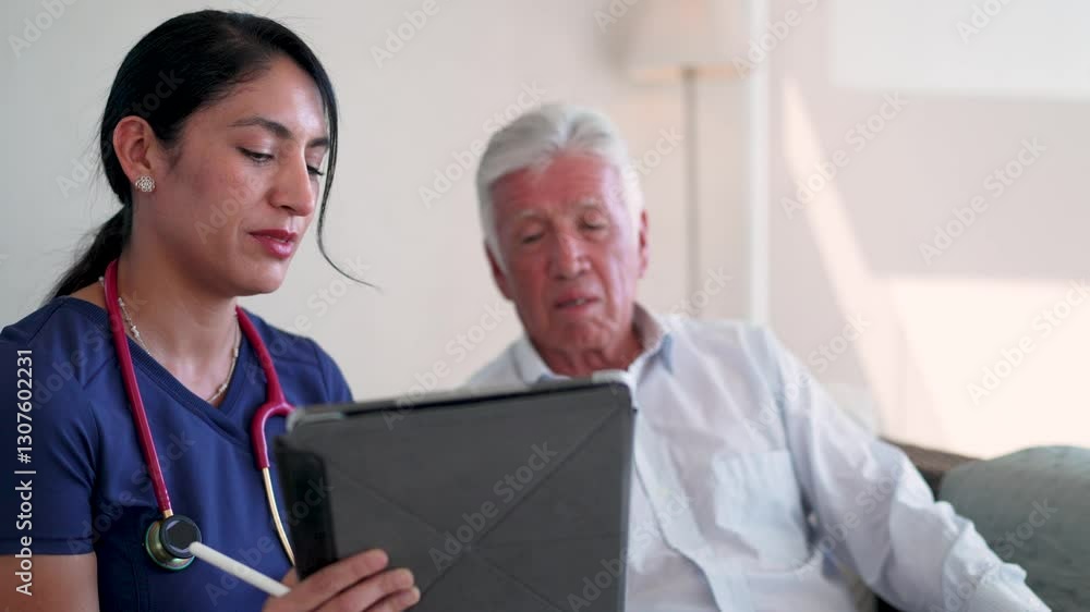 Latin American nurse shows information on digital tablet to senior man sitting on sofa
