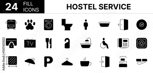 Collection of 24 hostel service fill icons featuring editable strokes. These outline icons depict various modes of hostel service, hotel, icon, room service, hospitality, bed linen, eatery, shower,