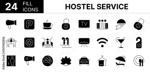 Collection of 24 hostel service fill icons featuring editable strokes. These outline icons depict various modes of hostel service, hotel, icon, room service, hospitality, bed linen, eatery, shower,