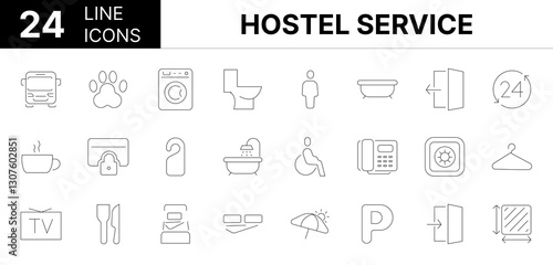 Collection of 24 hostel service line icons featuring editable strokes. These outline icons depict various modes of hostel service, hotel, icon, room service, hospitality, bed linen, eatery, shower,