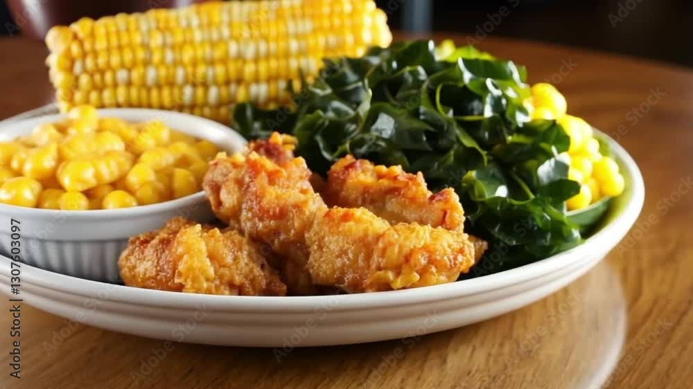 Fried chicken, corn, and collard greens plate, restaurant meal Fried chicken, corn, and collard greens plate, restaurant meal