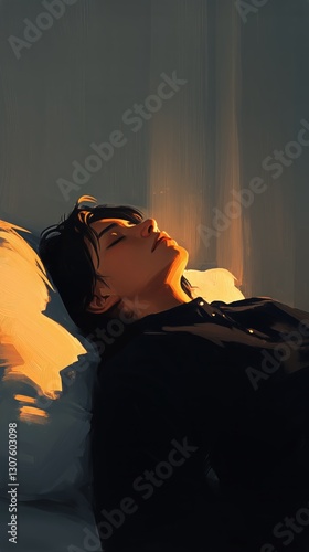 Woman Resting on a Bed With Soft Light Illuminating Her Face in a Serene Indo...