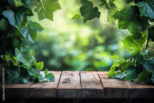 Lush Green Leaves Arranged on Wooden Surface Create a Natural and Refreshing ...