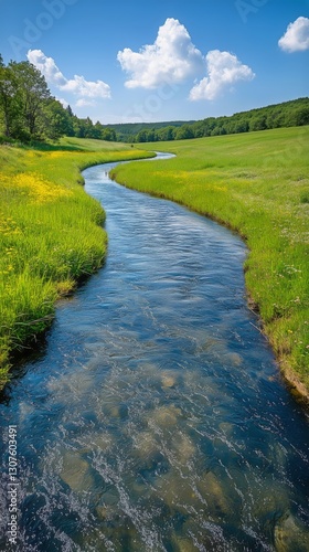 Scenic River Winding Through Lush Green Fields Under a Bright Blue Sky With F...