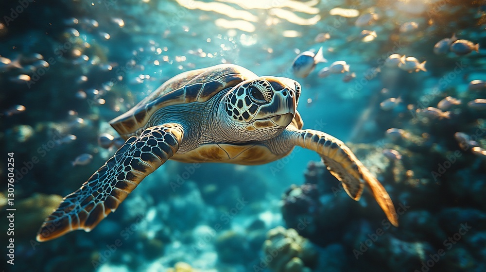 Obraz premium Hawksbill sea turtle swimming in coral reef.