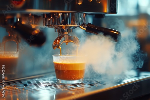 Freshly Brewed Espresso Steaming in a White Cup at a Coffee Shop in the Morni...