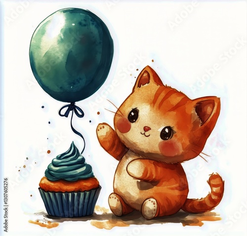 Cute Orange Cat Holding Blue Balloon Near a Cupcake in Whimsical Setting