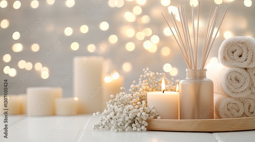 Reed diffusers and candles arranged on a wooden tray create a tranquil atmosphere in a beautifully styled bathroom perfect for relaxation Reed diffusers and candles arranged on a wooden tray create a tranquil atmosphere in a beautifully styled bathroom perfect for relaxation