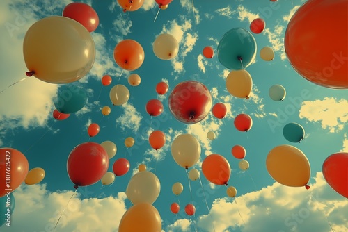 Colorful Balloons Soar in a Bright Blue Sky With Fluffy Clouds During a Festi...