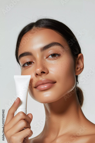 Skincare cosmetic beauty mock up, beautiful woman with hydrated skin face holding moisturizing product