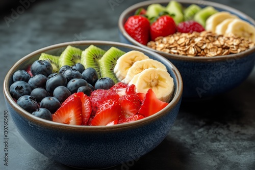 Delicious Fruit Bowls With Berries, Banana, and Granola Served in Blue Cerami...