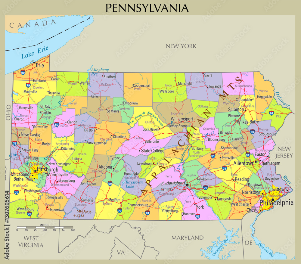 Fototapeta premium Detailed map of Pennsylvania, United States