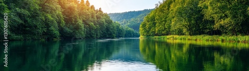 A tranquil river scene surrounded by lush greenery and mountains, illuminated by warm sunlight, reflecting nature's beauty.