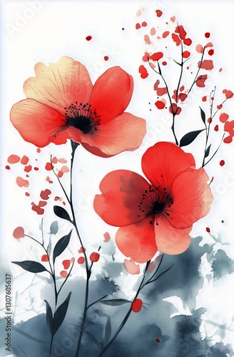 Creative Depiction of Vibrant Red Flowers With Delicate Details in a Soft Bac...