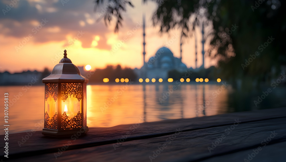 Obraz premium Illuminated Lantern at Sunset by Lake with Mosque Background. Perfect for Ramadan, peace, or religious themed projects