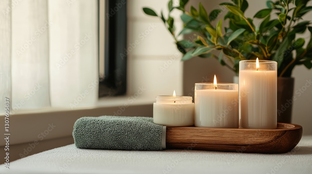 A serene arrangement of lit candles on a wooden tray, complemented by a soft cloth and greenery, creating a calming atmosphere. A serene arrangement of lit candles on a wooden tray, complemented by a soft cloth and greenery, creating a calming atmosphere.